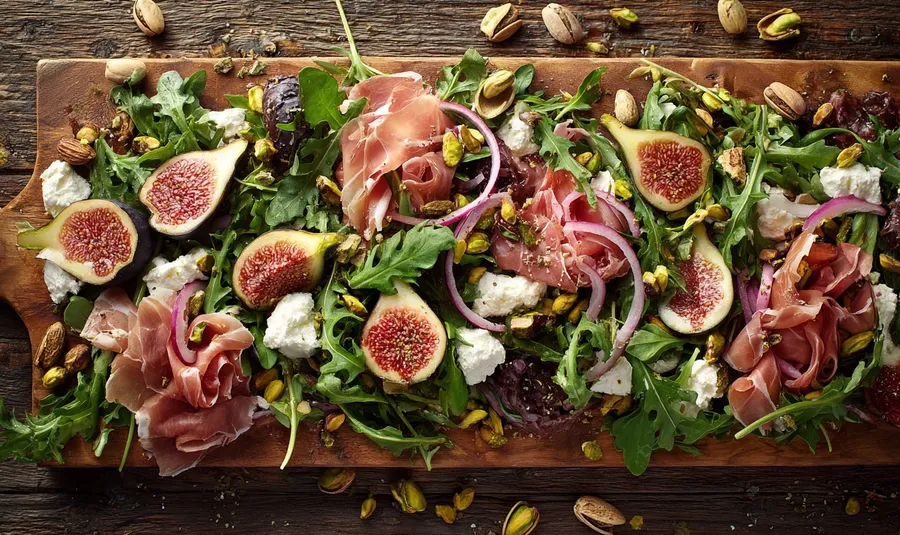 рецепти з інжиром, Салат з руколи та інжиру з козячим сиром та фісташками
